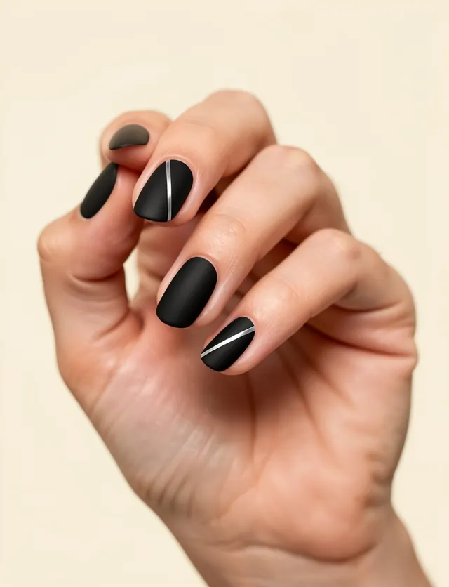 Short squoval nails in matte black with a thin diagonal silver line on each nail