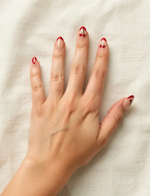 Almond nails with sheer nude base, glossy cherry red French tips and a tiny painted cherry accent