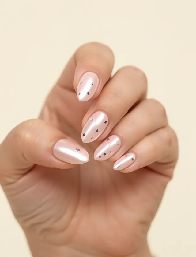 Almond nails with milky pink pearl chrome finish and tiny silver star details