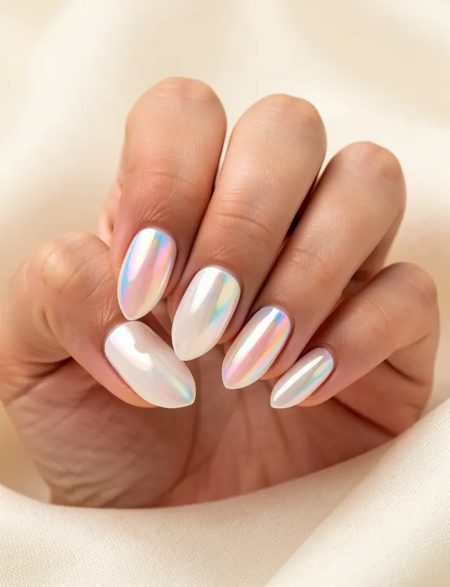Almond nails with a milky white base and iridescent pink, blue and gold glazed donut chrome