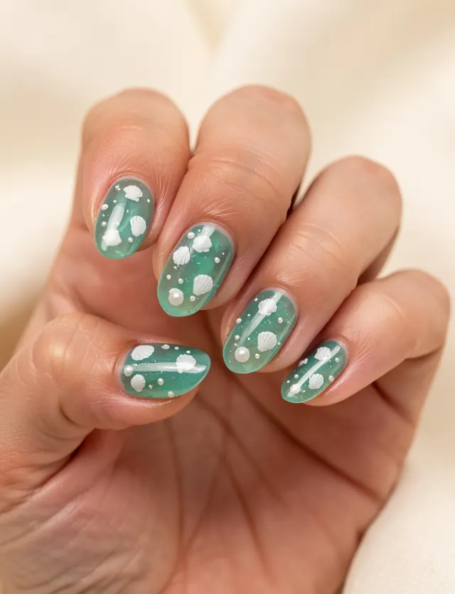 Oval nails in translucent sea glass teal jelly with tiny white seashell and pearl accents