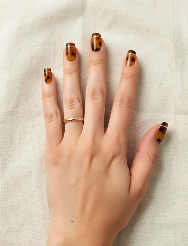 Short square nails with amber and brown tortoiseshell pattern and a thin gold line
