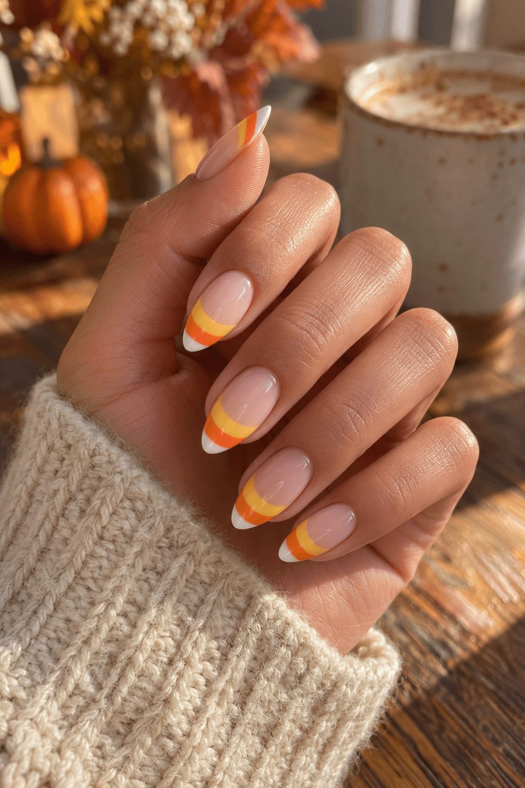 Milky Candy Corn French Nails: an easy three-color tip
