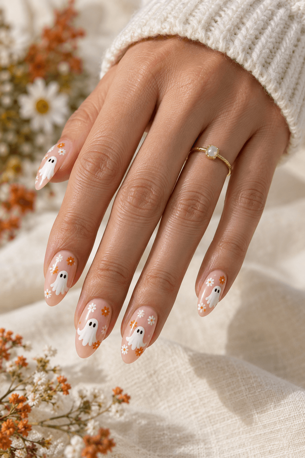 Ghost in the Daisies Nails: a cottage-core Halloween tutorial