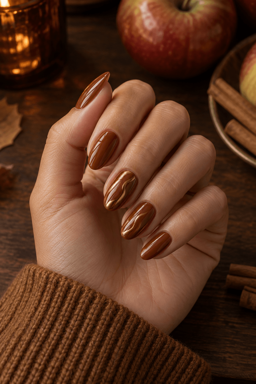 Caramel Apple Chrome Nails: a glossy toffee Halloween look
