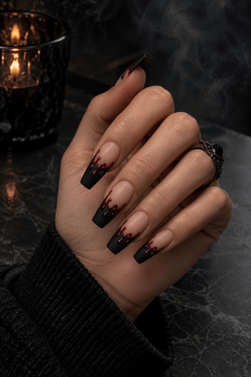 Black-Tip Blood Bath Nails: glossy red drips over a matte French
