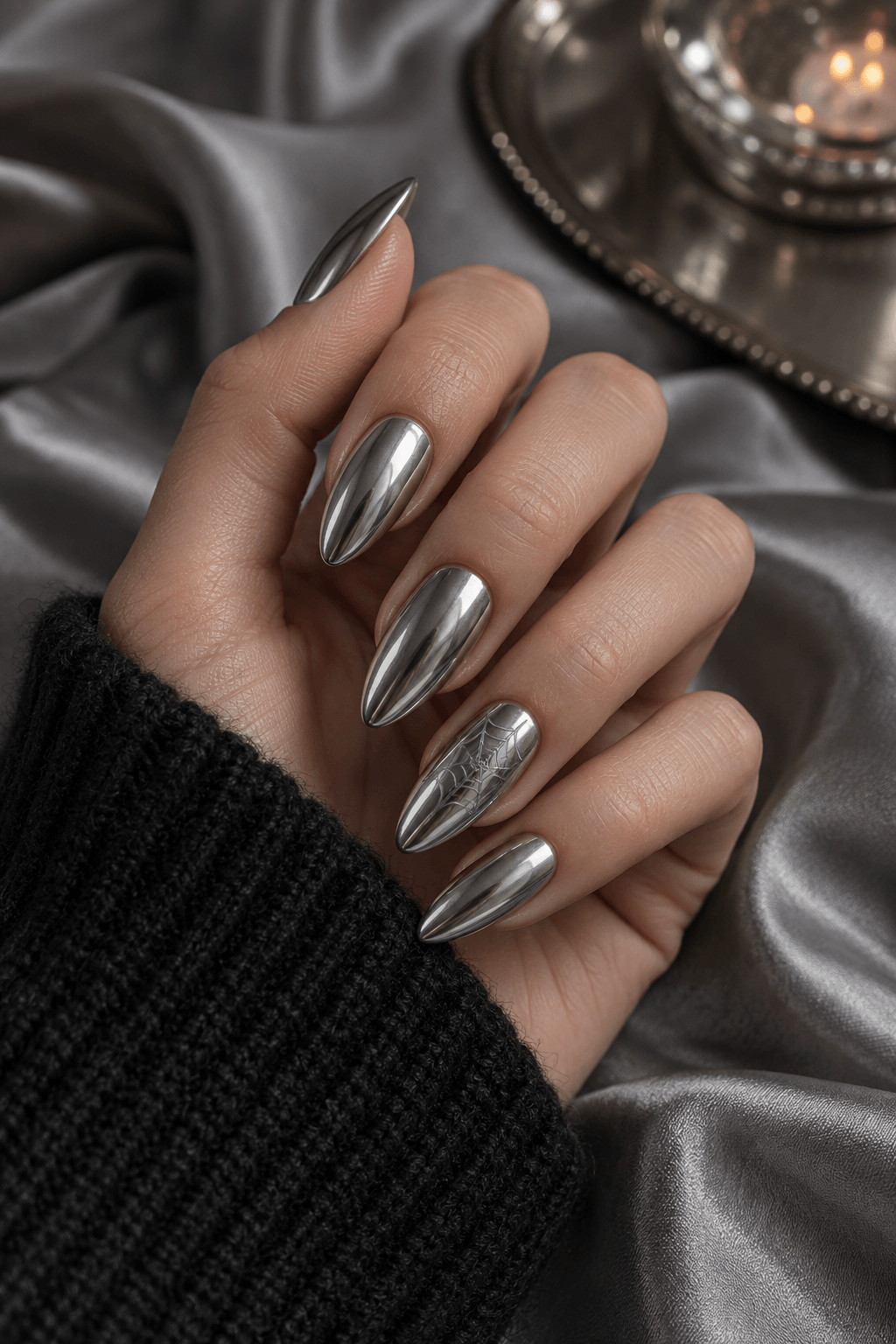 Chrome Web Whisper Nails: subtle spiderweb accents