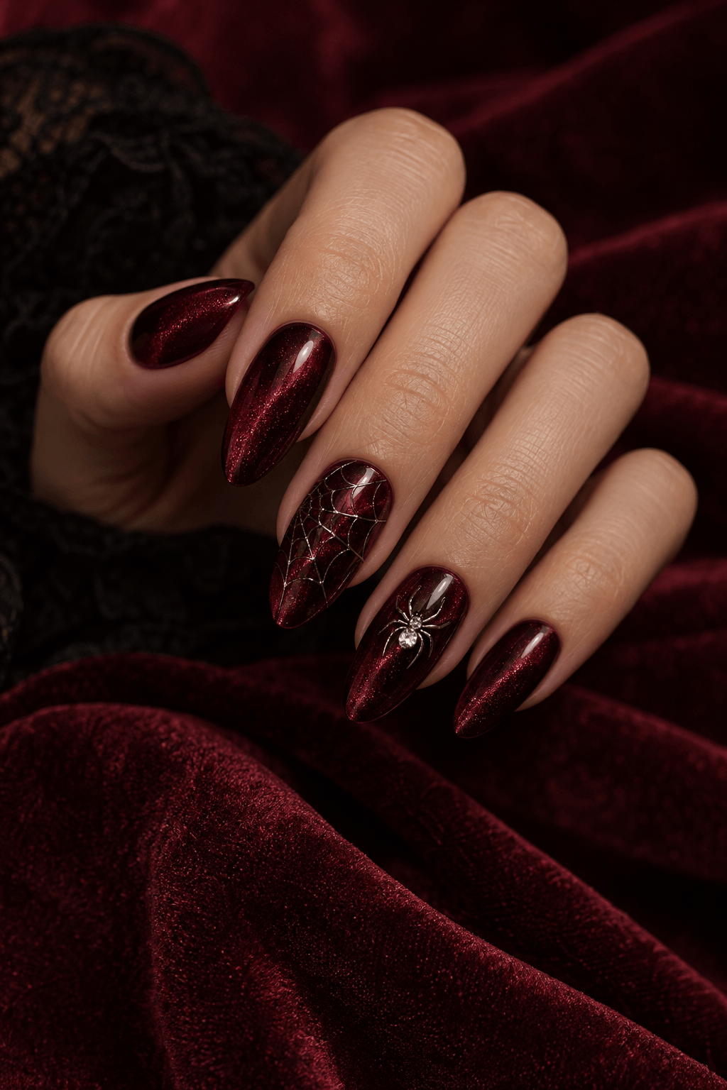 Velvet Web & Spider Nails: a cat-eye Halloween look