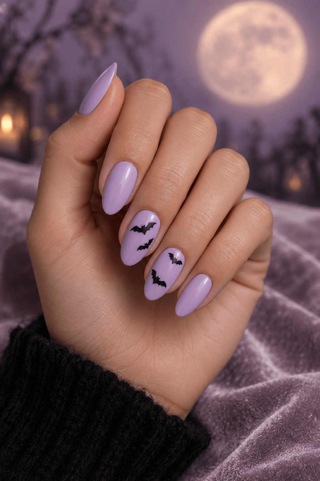 Soft-Girl Bat Flutter Nails: a lilac Halloween tutorial