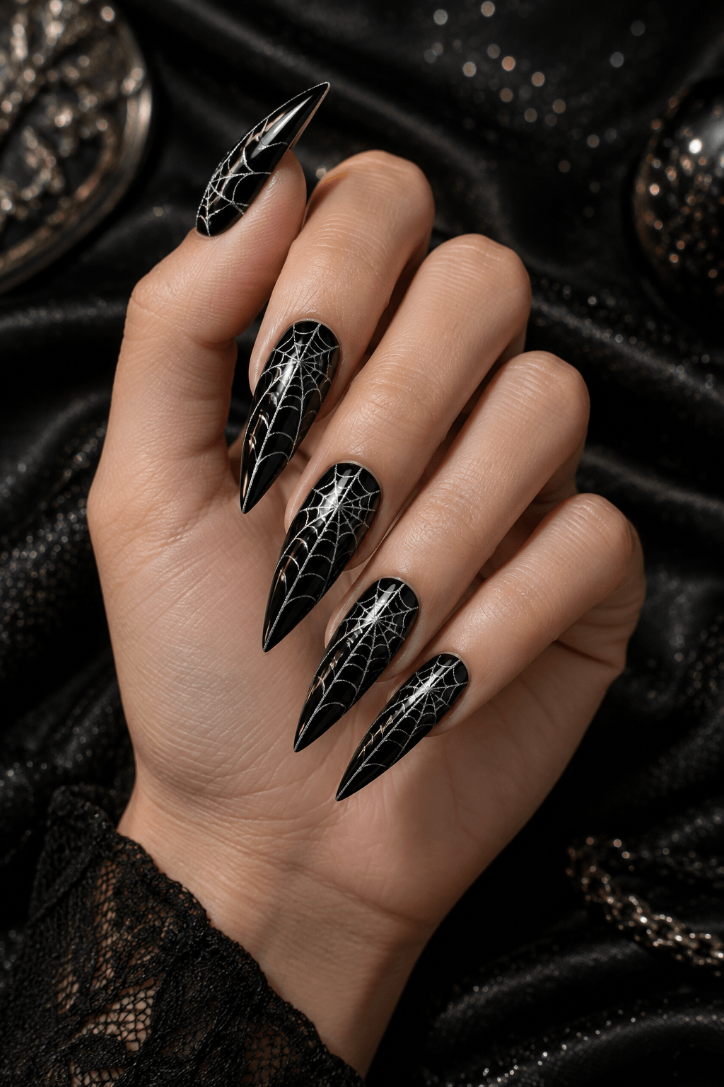 Web-Slinger Stiletto Nails: silver web tutorial