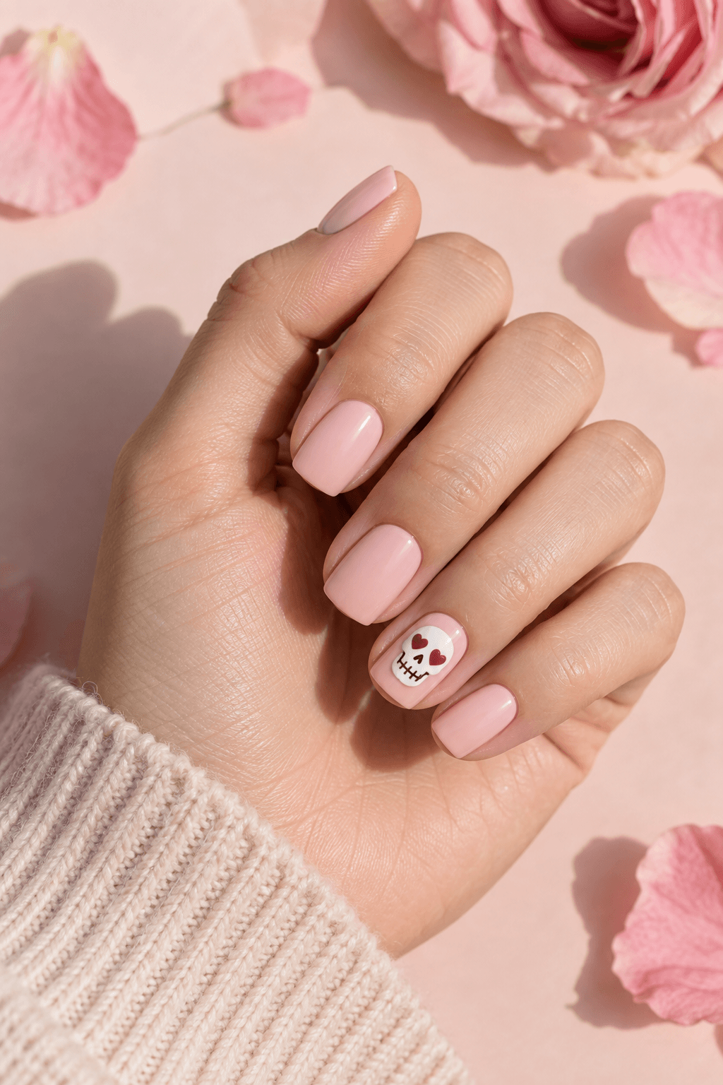 Heart-Eyes Skelly Nails: cute short Halloween art