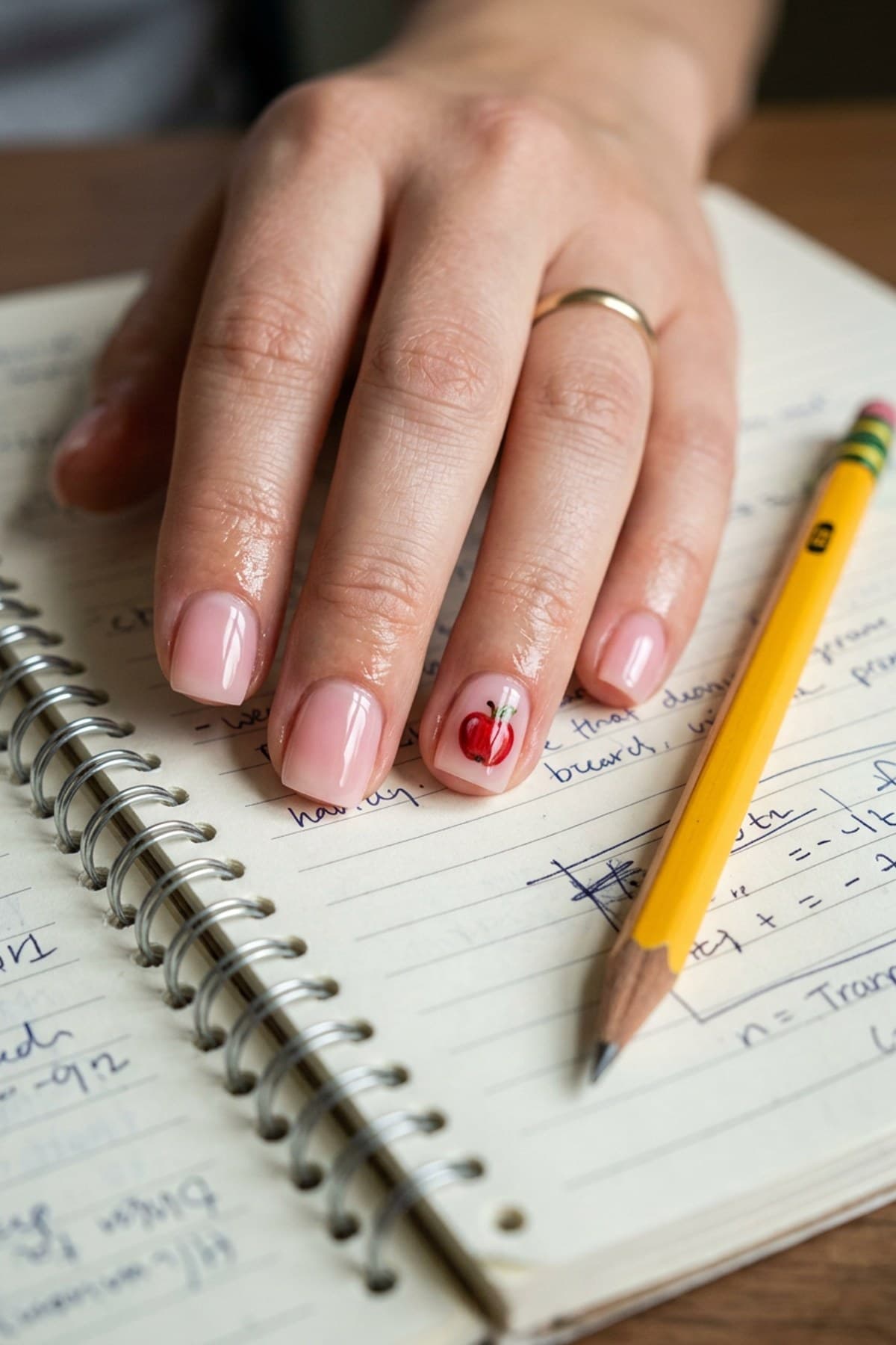Glossy milky-pink soap nails with a hand-painted red apple accent nail, resting on a spiral notebook next to a yellow pencil