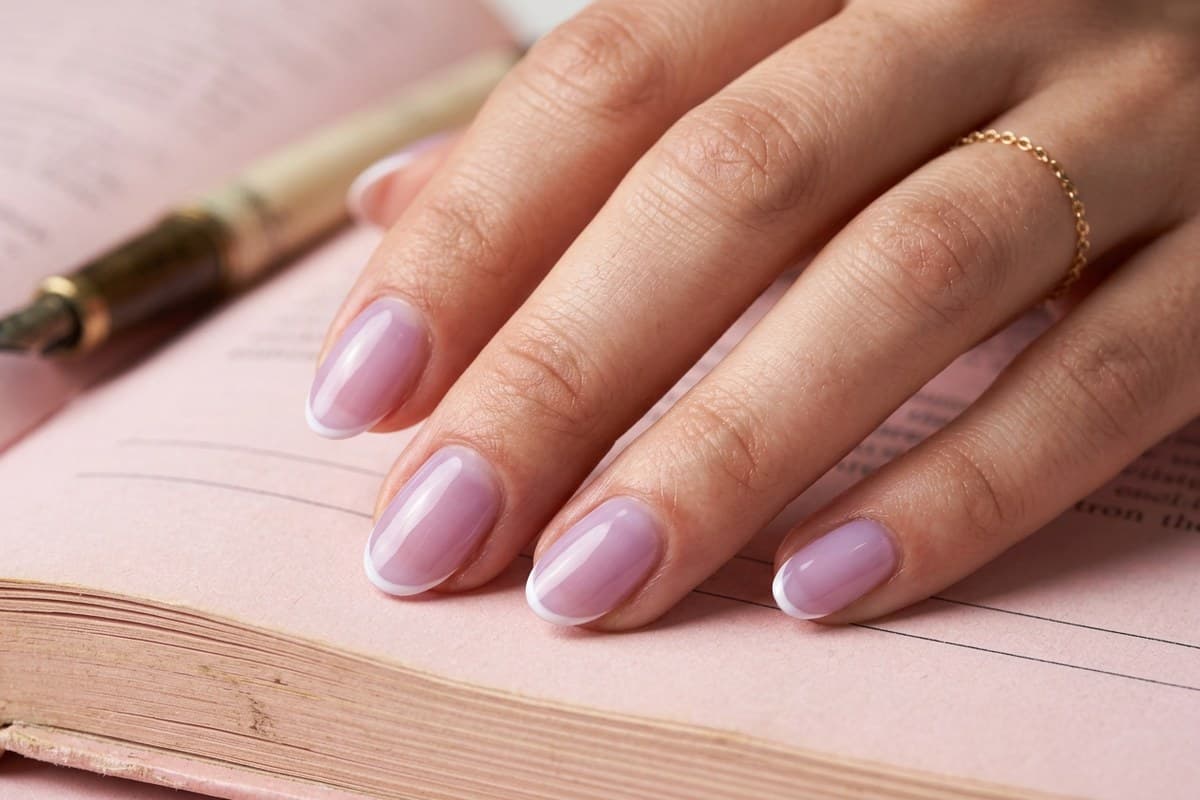 Short almond nails in sheer lilac jelly with delicate white micro-French tips