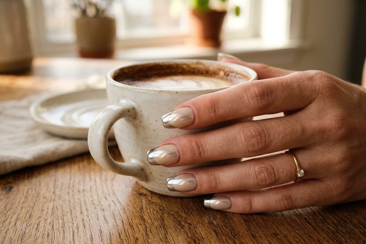 Squoval nails in neutral vanilla chrome with mirror-glazed metallic French tips, fingers holding a coffee cup