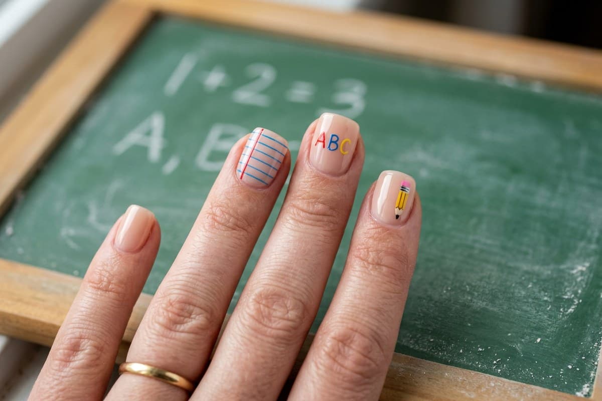 Short square teacher nails on a nude base with a yellow pencil, tiny ABC lettering and notebook-line accents