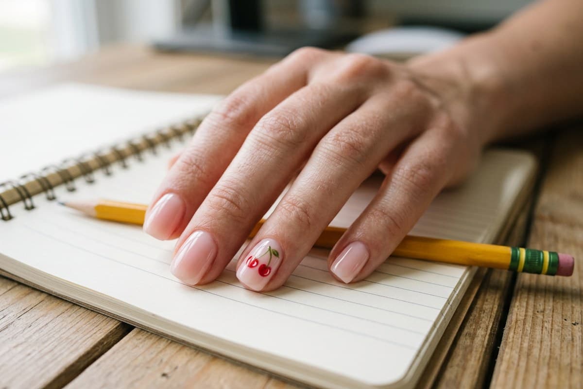 Short squoval nails in sheer milky soap-pink with a single hand-painted red cherry accent, on a spiral notebook