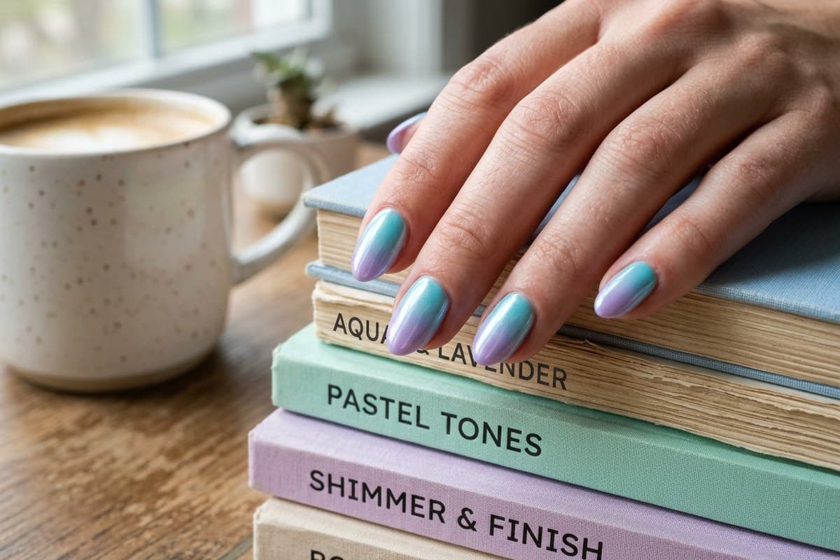 Short almond nails in a smooth aqua-to-lavender airbrushed ombre with a glazed pearl chrome sheen