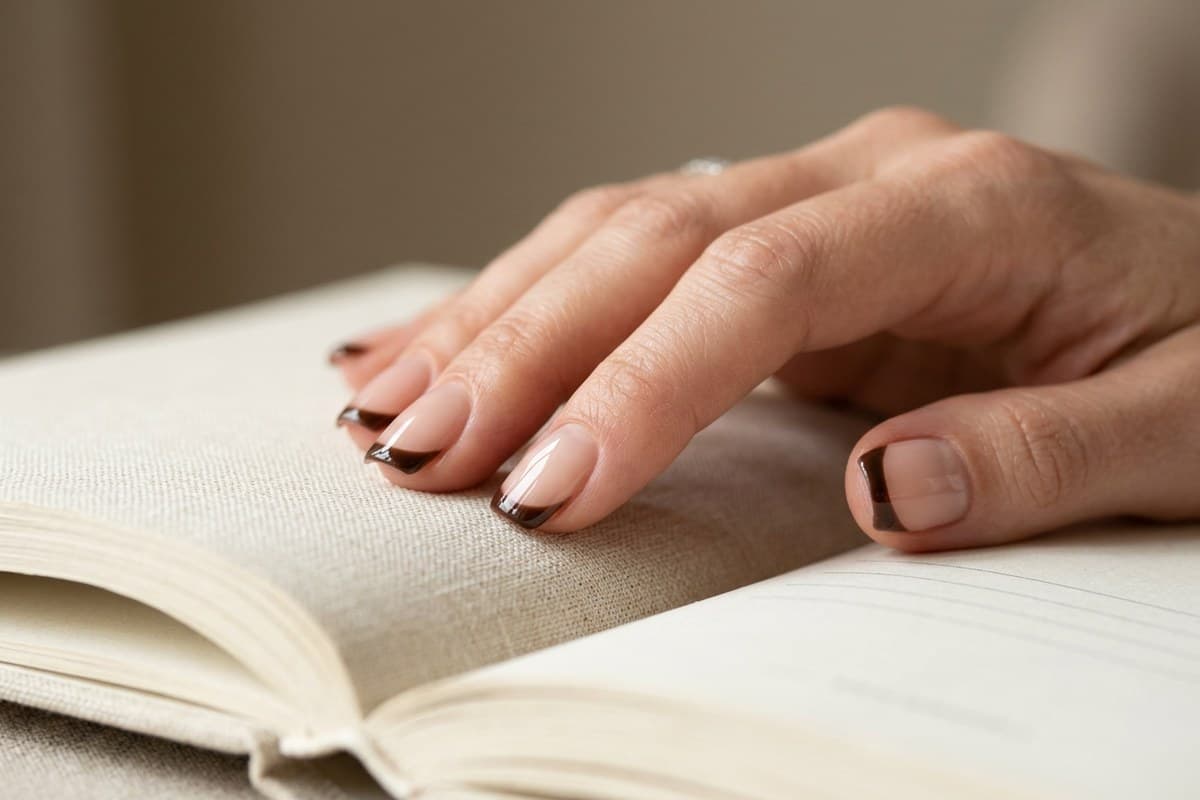 Chocolate brown French tip nails: sheer nude base with a crisp espresso smile line on soft square nails