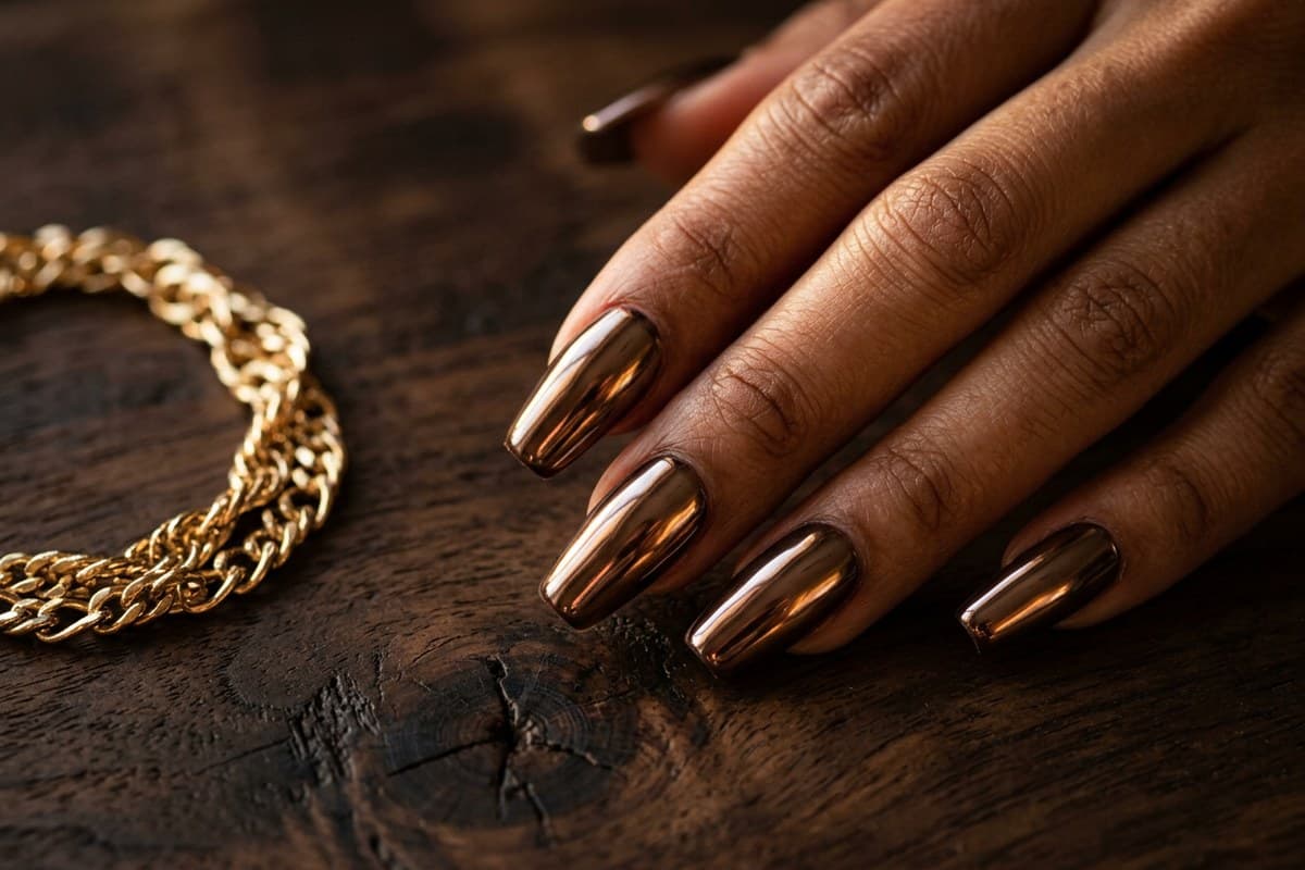 Full mirror brown-chrome nails in a metallic bronze-mocha tone on medium coffin nails
