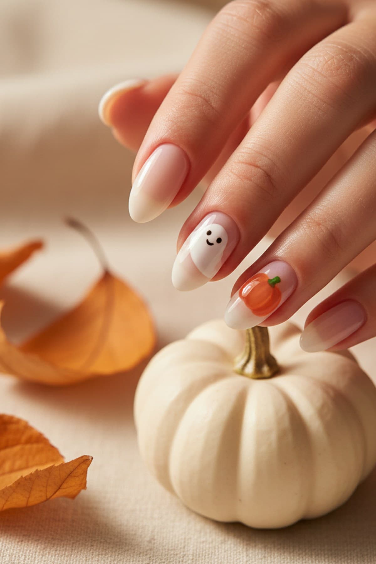 Cute Ghost & Pumpkin Short Halloween Nails (Easy)