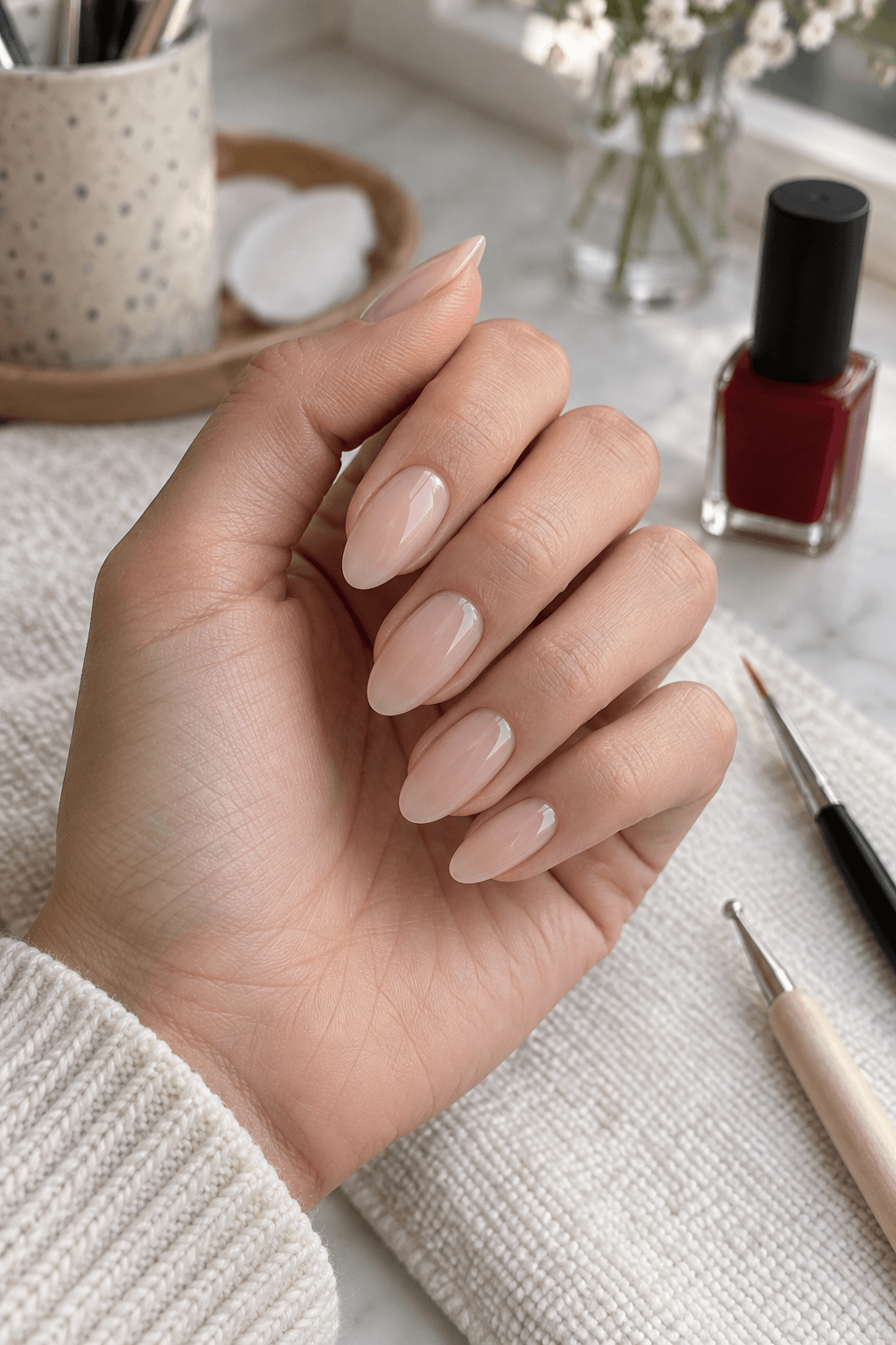 Sheer nude base prepared for crimson drip nails