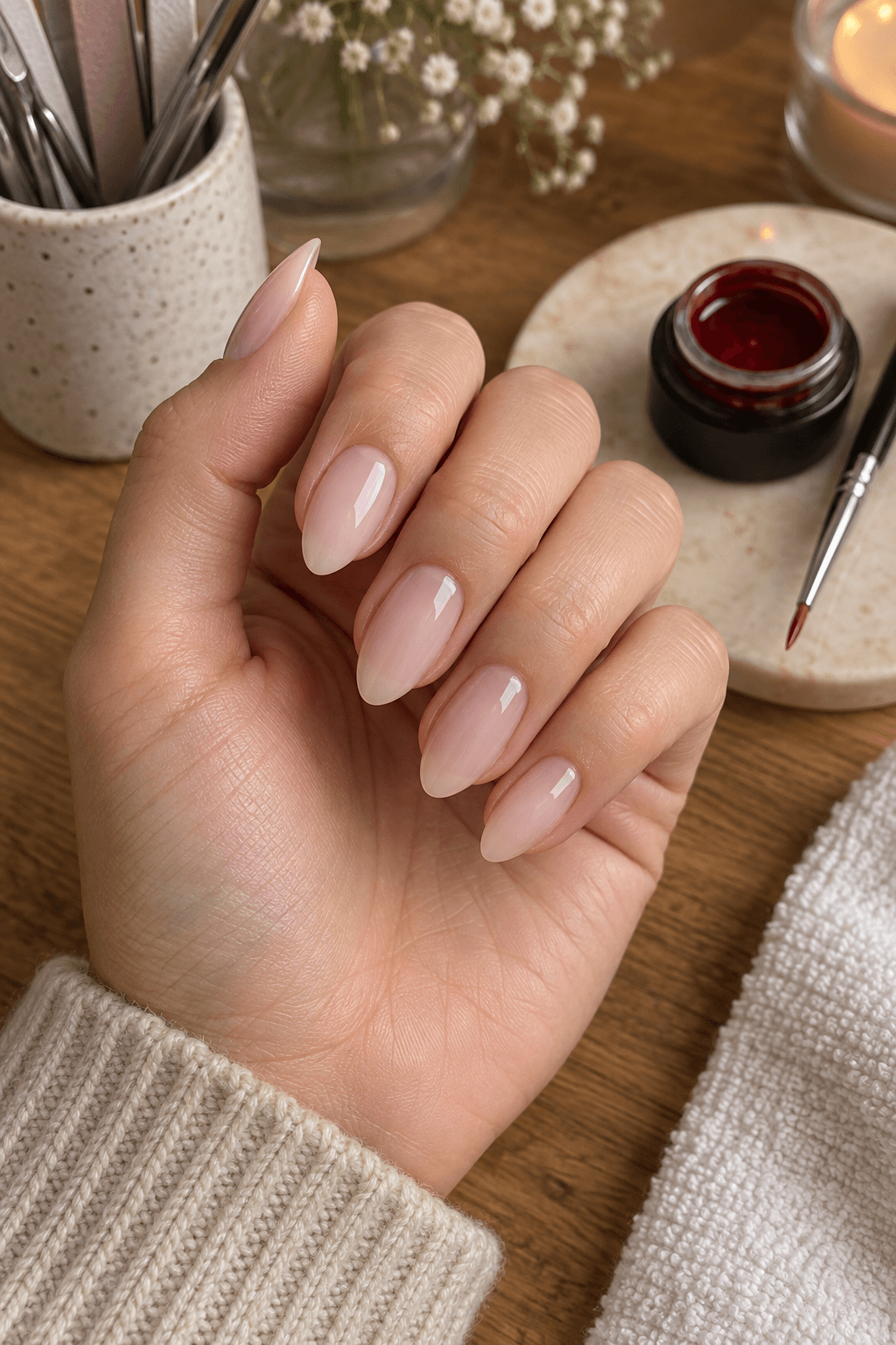 Soft sheer nude almond nails prepared beside deep red builder gel