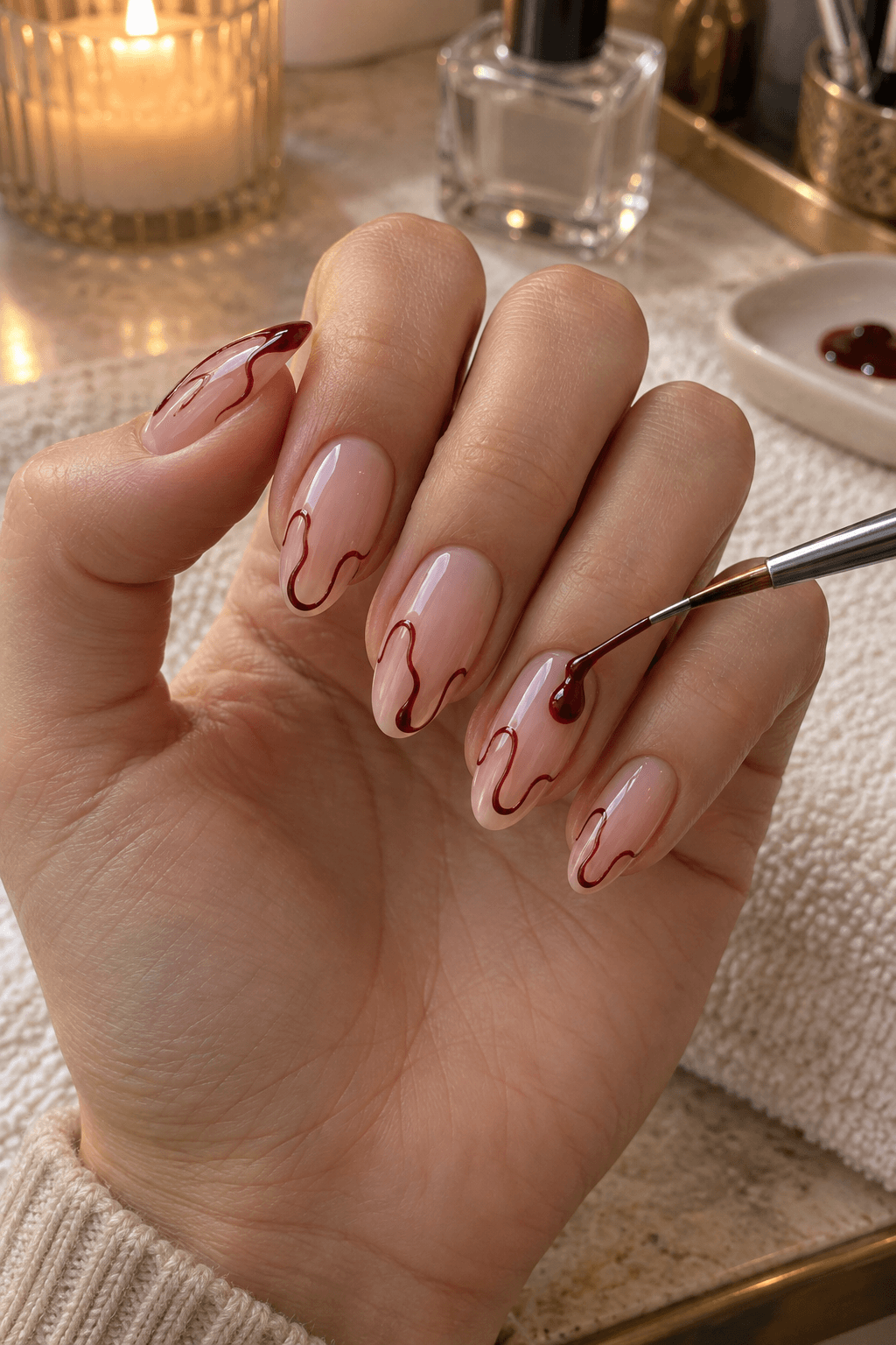 Fine brush building a rounded deep red gel drip on a nude nail