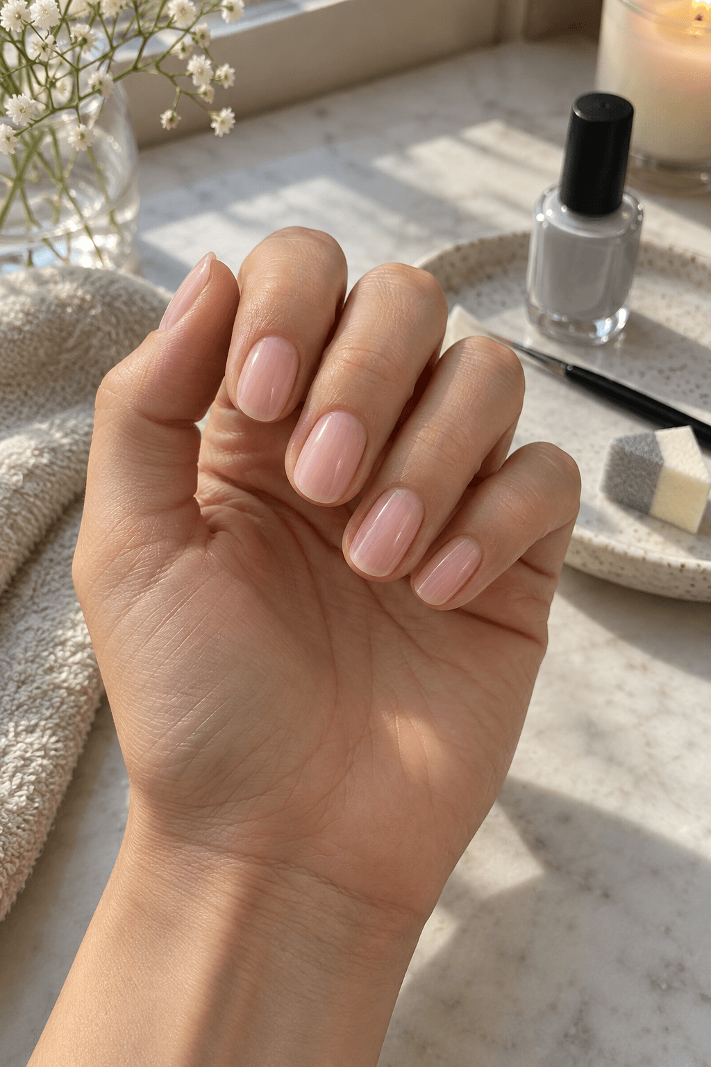 Sheer soft pink oval nails prepared beside grey polish and a small sponge