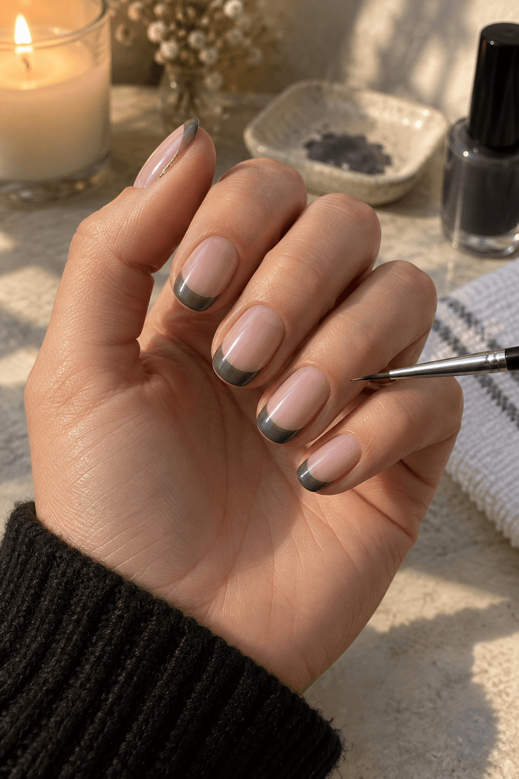 Small brush refining a translucent smoky grey French tip on soft pink nails