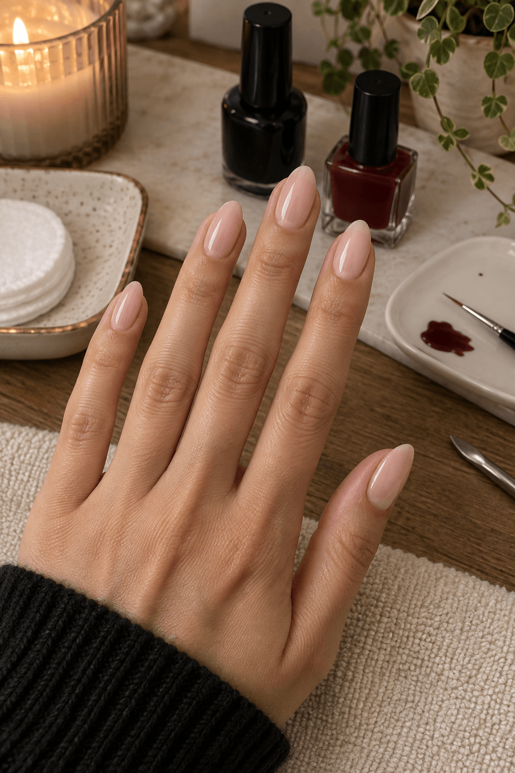 Sheer nude almond nails prepared beside black and crimson nail colors