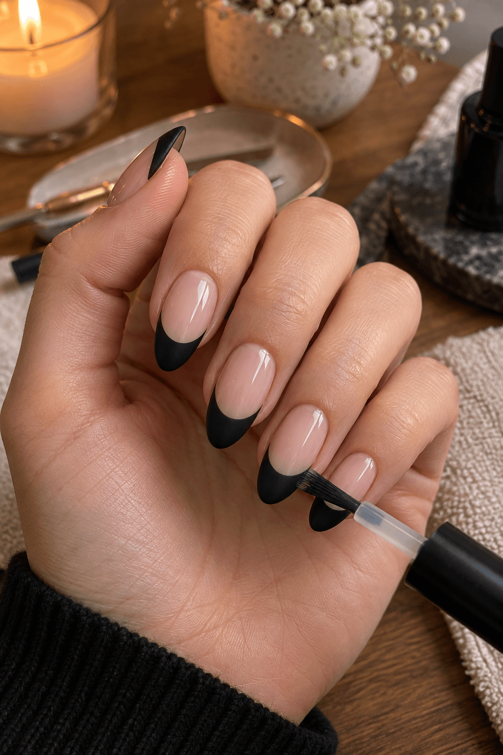 Top coat brush making black French tips matte on nude almond nails