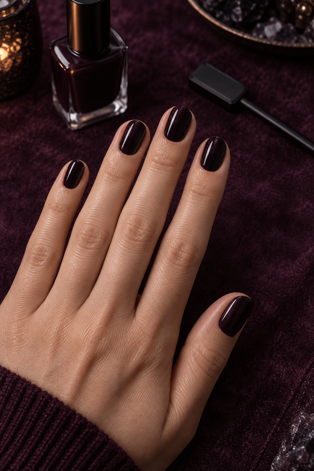 Glossy blackberry-black oval nails prepared beside magnetic polish and a nail magnet