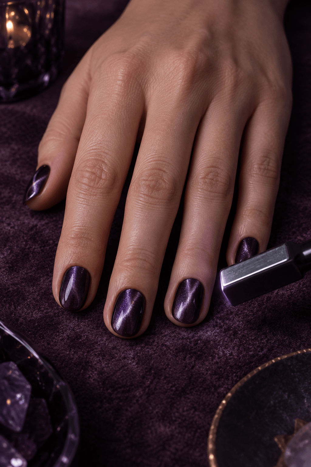 Nail magnet forming a narrow lilac-silver ribbon on a blackberry-purple manicure