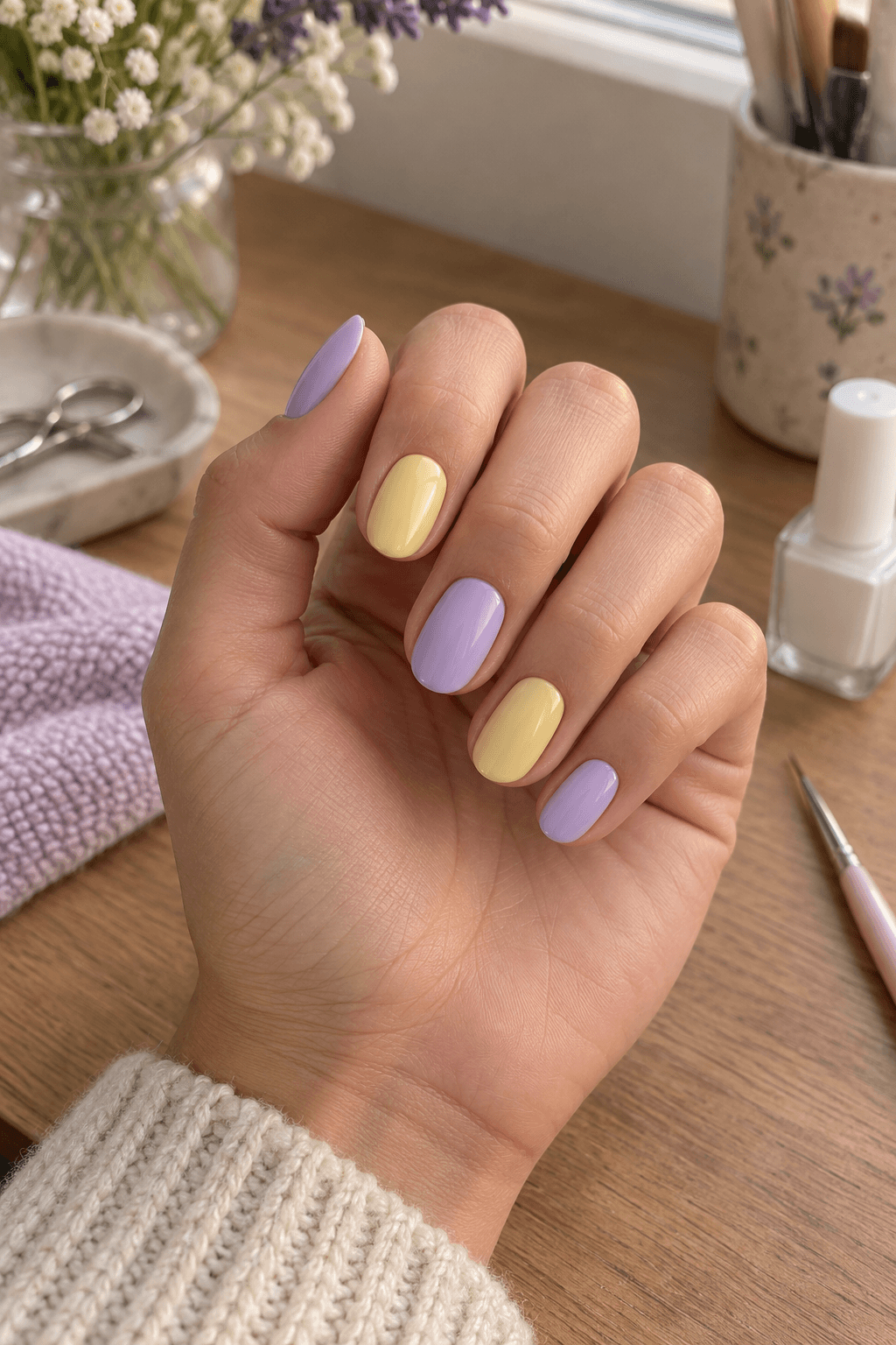 Alternating baby lilac and butter yellow oval nails before ghost details are added