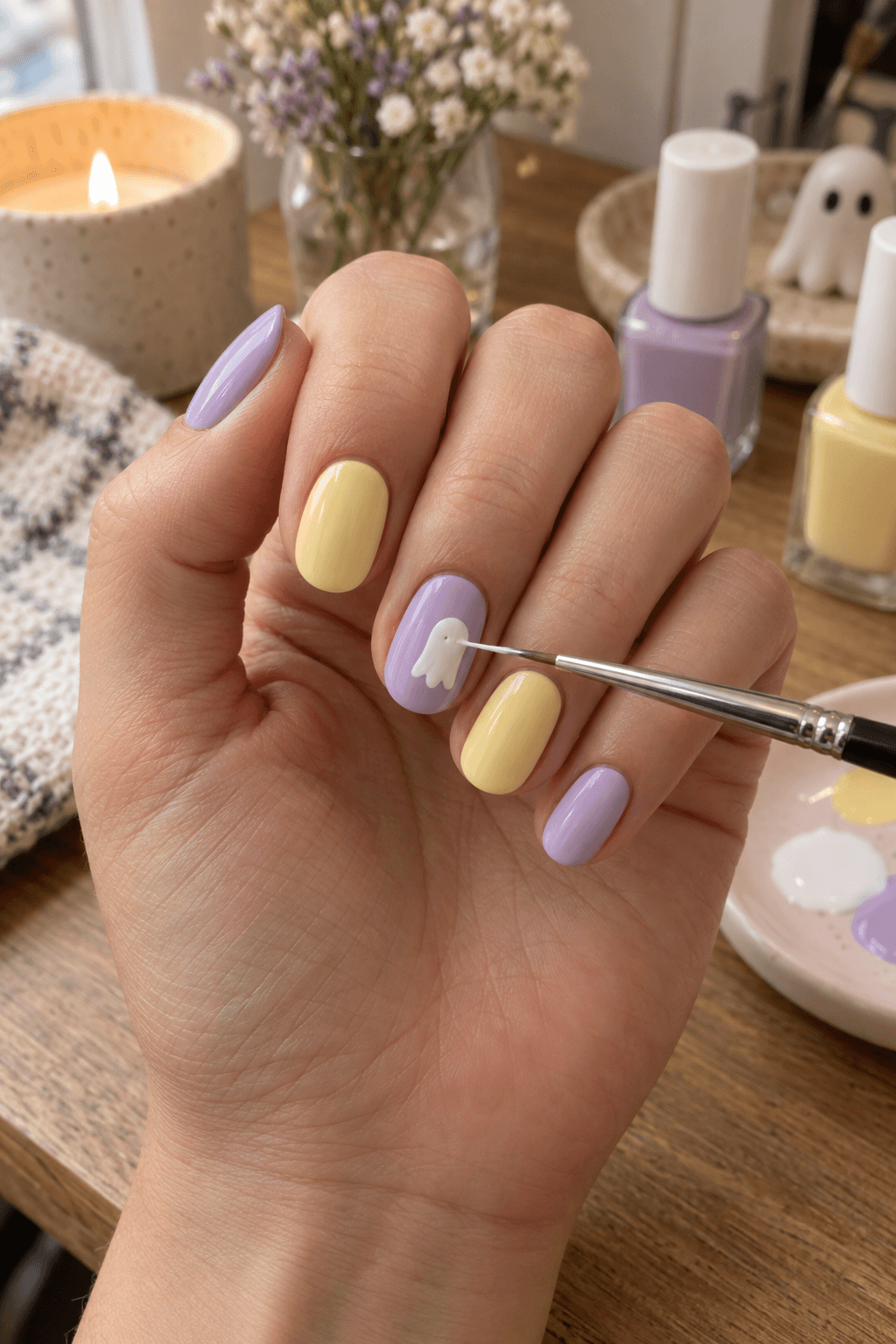 Fine brush painting a small white ghost body onto a lilac pastel nail