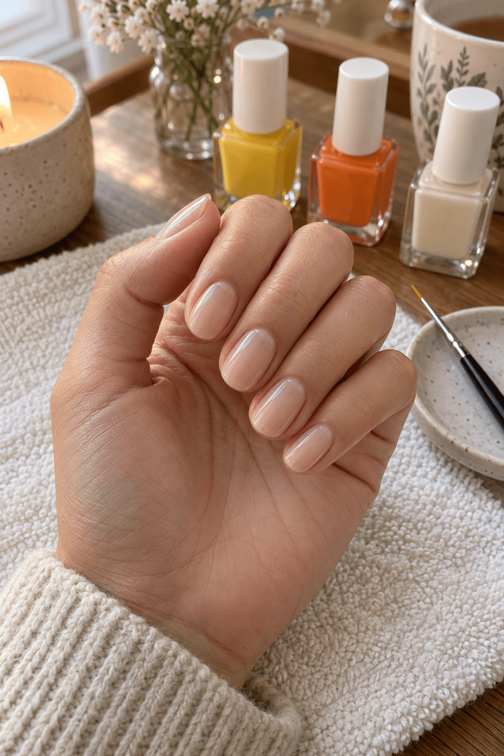 Pale neutral almond nails prepared beside yellow, orange, and cream manicure polish