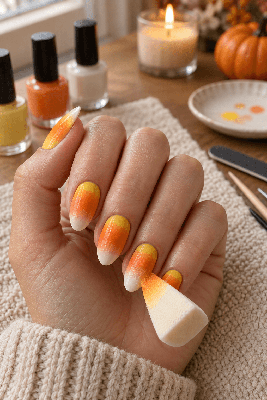 Makeup sponge softly blending a yellow, orange, and cream candy-corn nail gradient