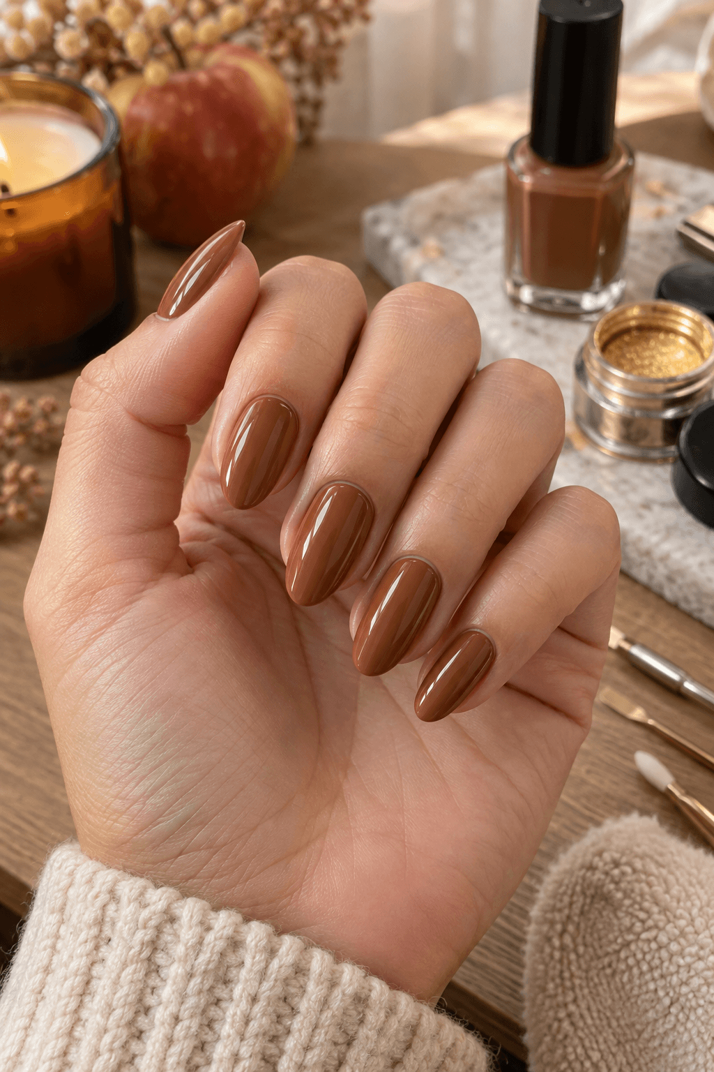 Glossy toffee brown almond nails prepared beside gold chrome powder