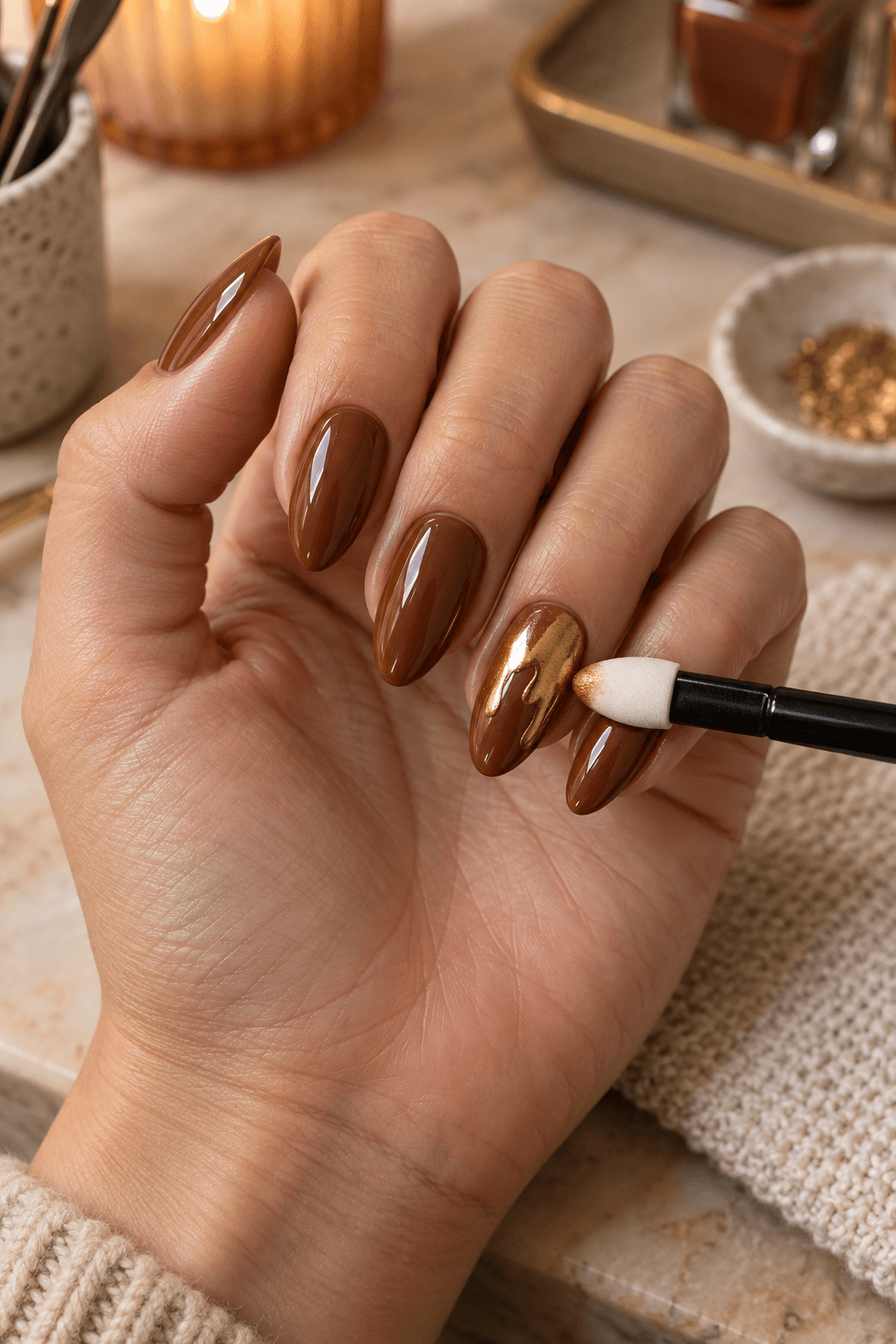 Silicone applicator buffing warm gold chrome onto a toffee brown nail