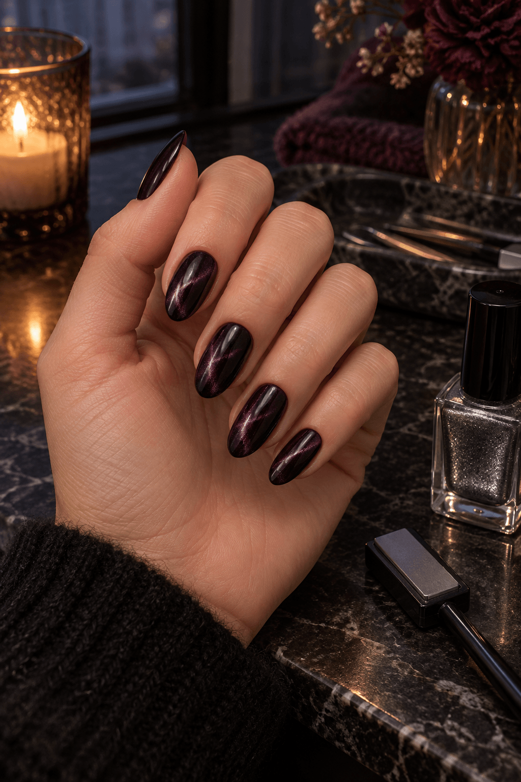 Top coat brush sealing a smooth gunmetal chrome manicure before web details