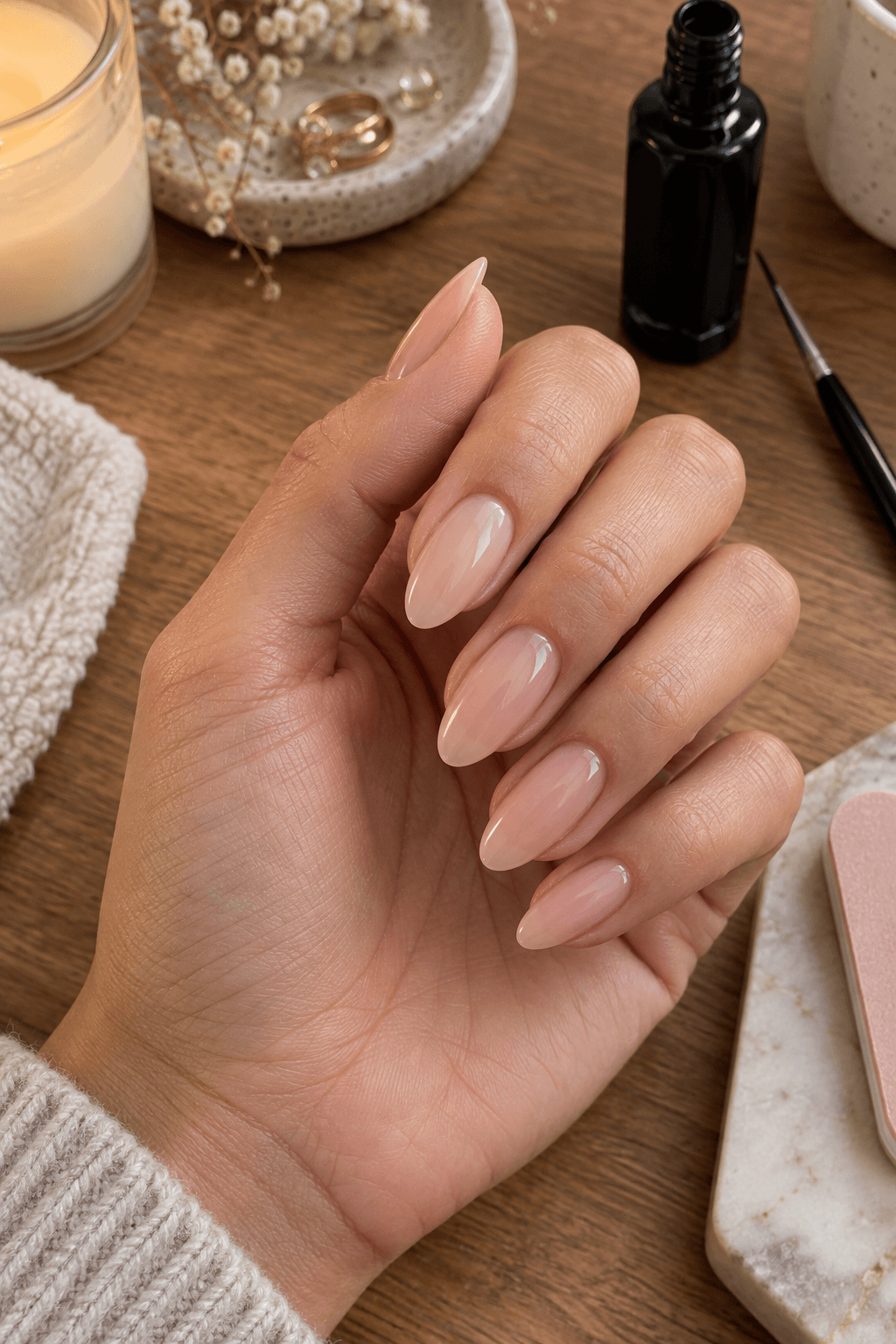 Sheer nude almond nails prepared beside black liner polish and a fine brush