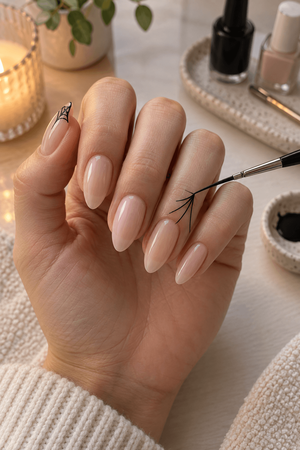 Fine liner brush drawing three black web spokes from the upper nail corner