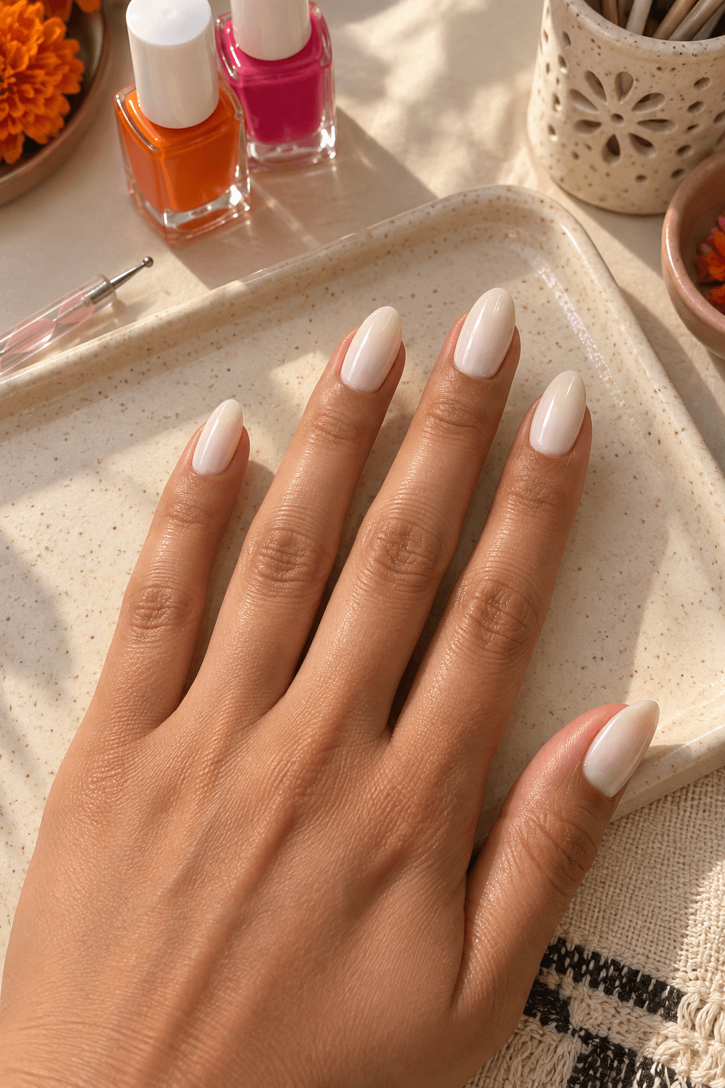 Milky ivory almond nails prepared beside orange and hot-pink polish