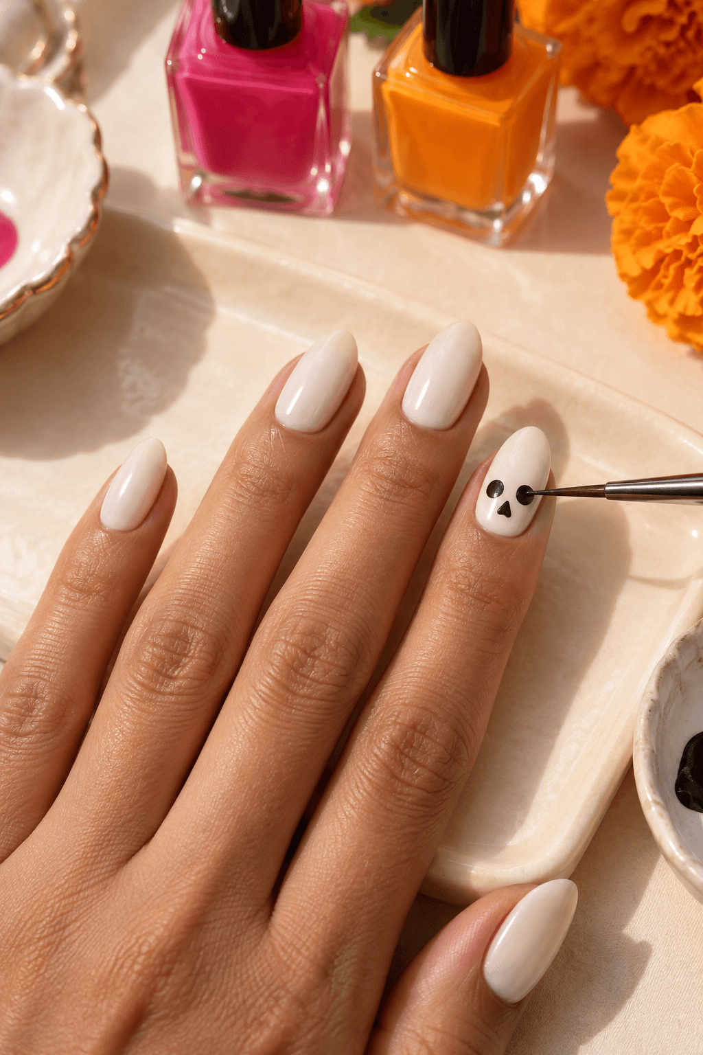 Fine detail brush adding dark eyes and a tiny nose to a small ivory skull nail accent