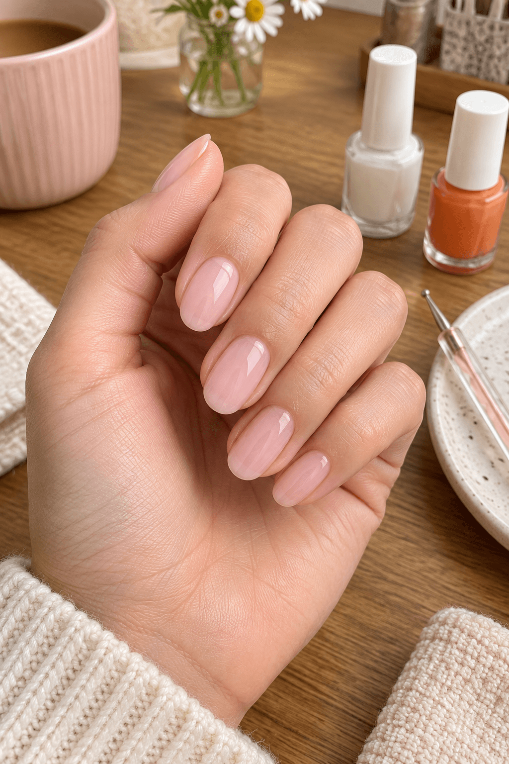 Sheer blush oval nails prepared beside white and orange manicure colors