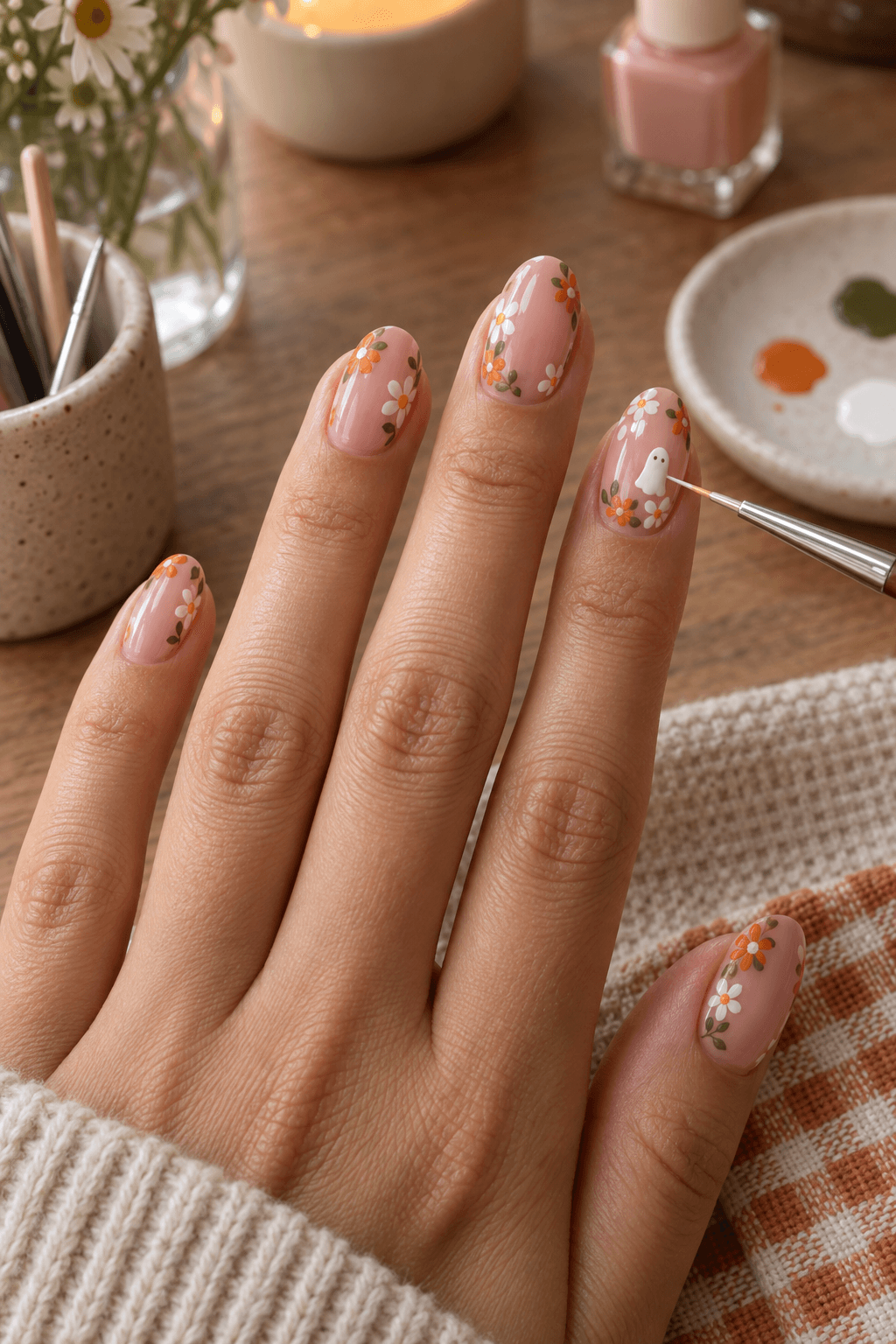 Fine brush painting a small white ghost among daisies on blush pink nails