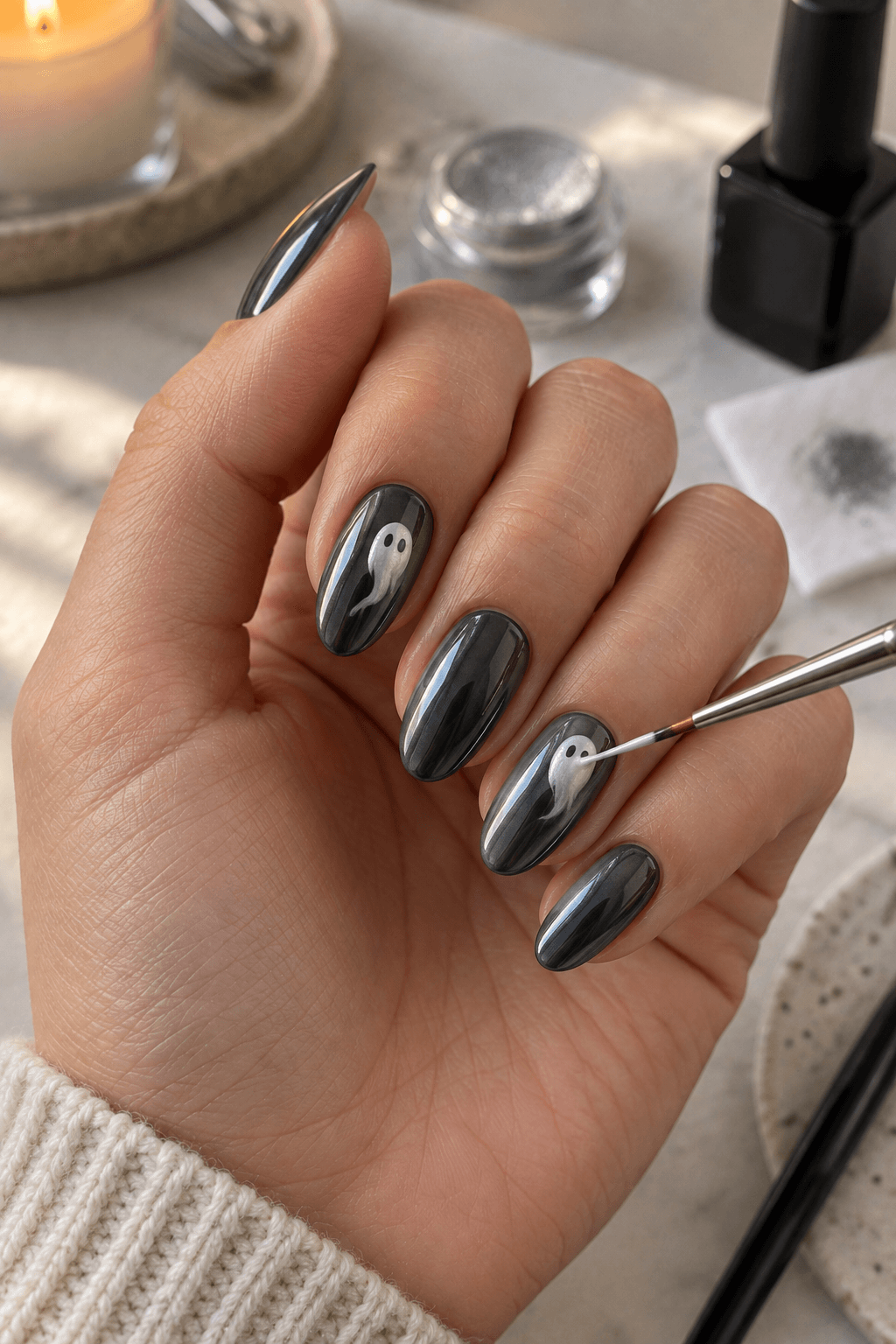 Fine detail brush painting a white ghost onto a charcoal chrome nail