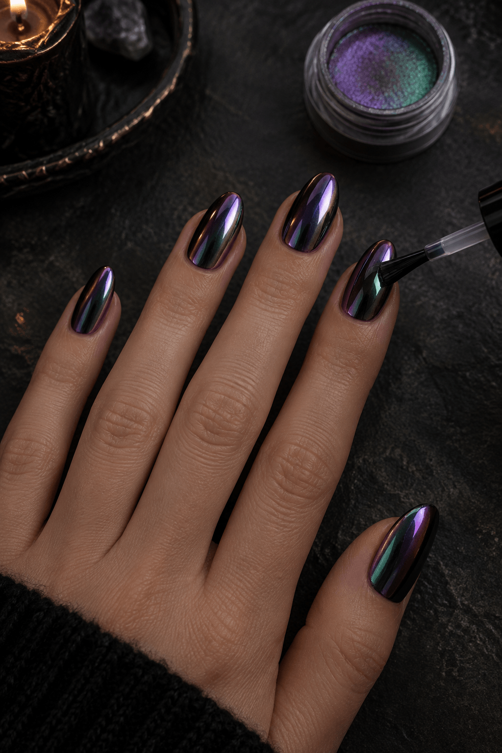 Clear brush sealing an oil-slick purple-green chrome nail on a dark manicure table