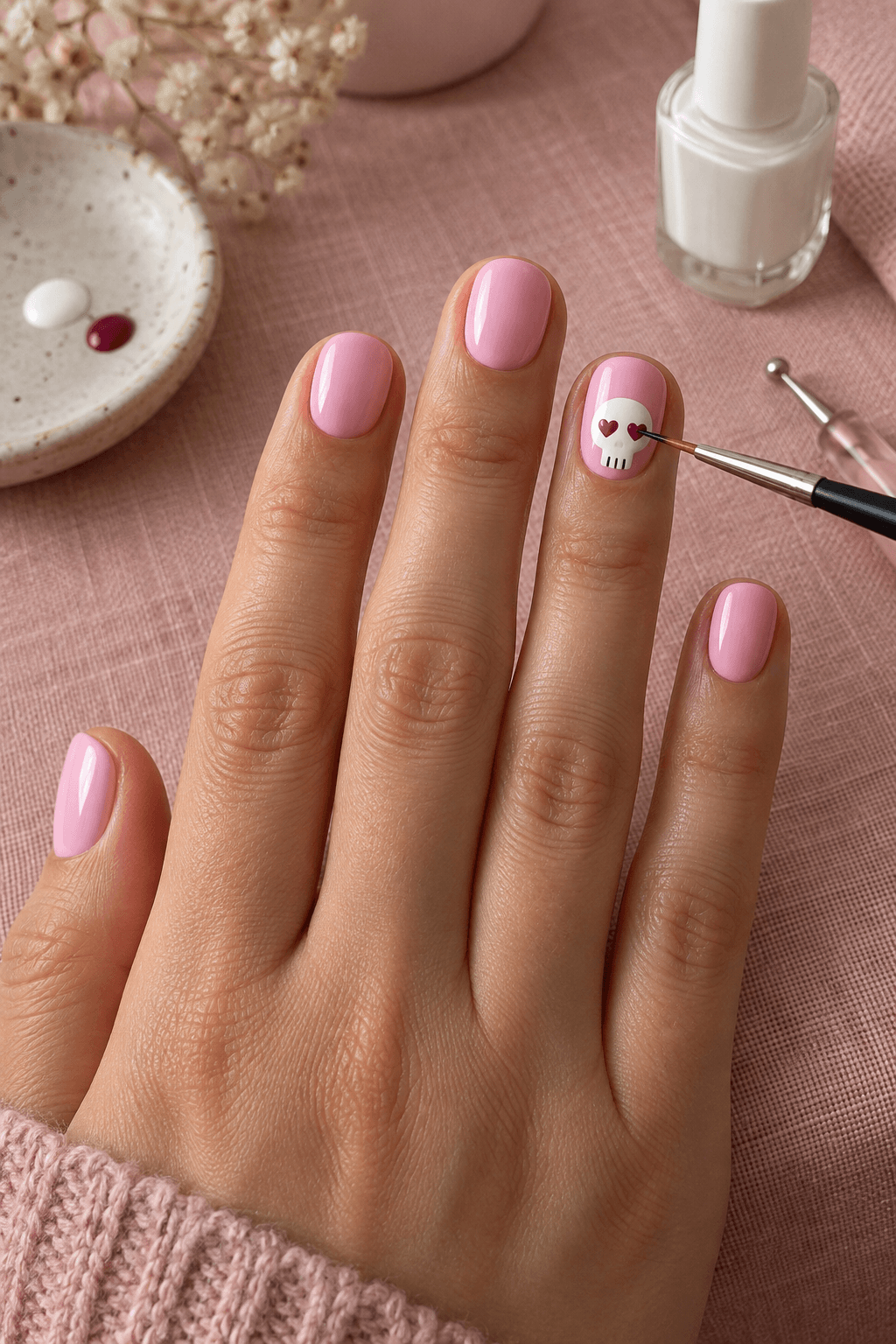 Tiny brush adding berry heart eyes to a white skeleton face on a pastel pink nail