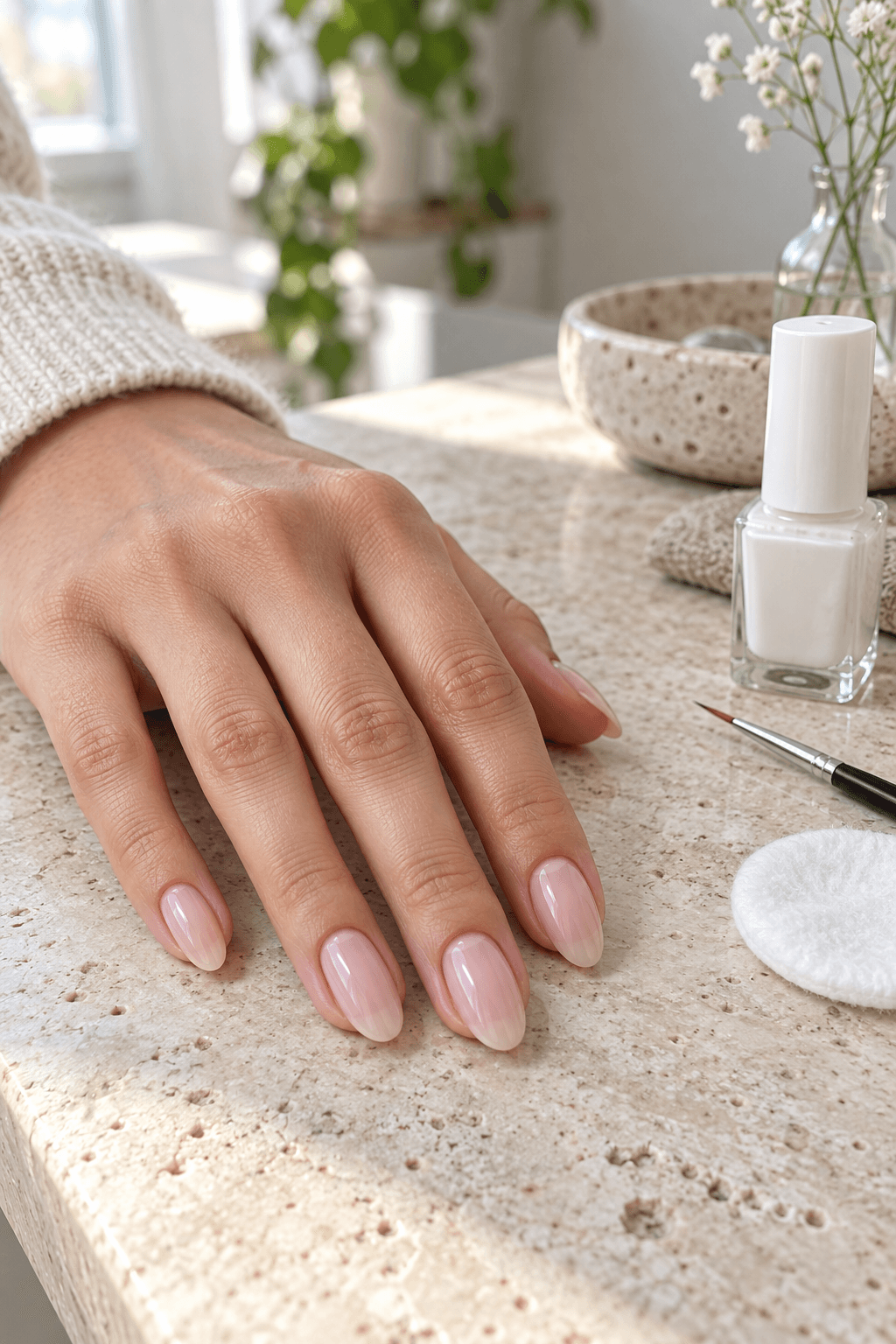 Sheer nude almond nails prepared beside white polish and a detail brush